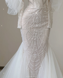 Elegant Mermaid Off The Shoulder Sequin Long Sleeves Wedding Dresses Brides Dress HZ1121