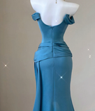 Classy Mermaid Strapless Blue Satin Evening Dress Long Prom Dresses HZ1121