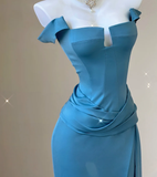 Classy Mermaid Strapless Blue Satin Evening Dress Long Prom Dresses HZ1121