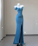 Classy Mermaid Strapless Blue Satin Evening Dress Long Prom Dresses HZ1121