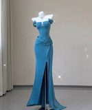 Classy Mermaid Strapless Blue Satin Evening Dress Long Prom Dresses HZ1121