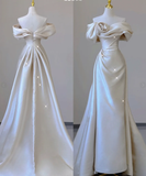 Elegant Mermaid Off The Shoulder Satin Short Sleeves Wedding Dresses Brides Dress HZ1121