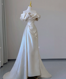 Elegant Mermaid Off The Shoulder Satin Short Sleeves Wedding Dresses Brides Dress HZ1121