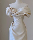 Elegant Mermaid Off The Shoulder Satin Short Sleeves Wedding Dresses Brides Dress HZ1121