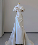 Elegant Mermaid Off The Shoulder Satin Short Sleeves Wedding Dresses Brides Dress HZ1121