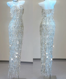 Classy Sheath Strapless Silver Sequin Evening Dress Long Prom Dresses HZ1121