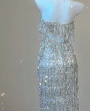 Classy Sheath Strapless Silver Sequin Evening Dress Long Prom Dresses HZ1121
