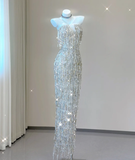 Classy Sheath Strapless Silver Sequin Evening Dress Long Prom Dresses HZ1121