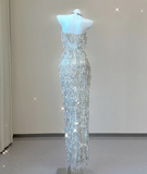 Classy Sheath Strapless Silver Sequin Evening Dress Long Prom Dresses HZ1121