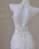 Elegant Mermaid High Neckline White Lace Sleeveless Wedding Dresses Brides Dress HZ1121