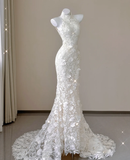 Elegant Mermaid High Neckline White Lace Sleeveless Wedding Dresses Brides Dress HZ1121