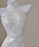 Elegant Mermaid High Neckline White Lace Sleeveless Wedding Dresses Brides Dress HZ1121