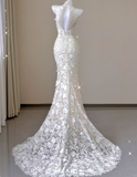 Elegant Mermaid High Neckline White Lace Sleeveless Wedding Dresses Brides Dress HZ1121