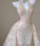 Classy Mermaid Halter Pink Lace Sleeveless Evening Dress Long Prom Dresses HZ1121