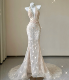 Classy Mermaid Halter Pink Lace Sleeveless Evening Dress Long Prom Dresses HZ1121