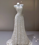 Elegant A Line Strapless White Lace Sleeveless Long Wedding Dresses Brides Dress HZ1121