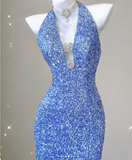Classy Mermaid Halter V Neckline Blue Sequin Evening Dress Long Prom Dresses HZ1121