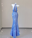 Classy Mermaid Halter V Neckline Blue Sequin Evening Dress Long Prom Dresses HZ1121