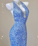 Classy Mermaid Halter V Neckline Blue Sequin Evening Dress Long Prom Dresses HZ1121