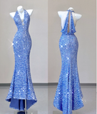 Classy Mermaid Halter V Neckline Blue Sequin Evening Dress Long Prom Dresses HZ1121