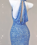 Classy Mermaid Halter V Neckline Blue Sequin Evening Dress Long Prom Dresses HZ1121