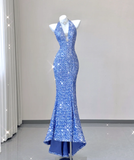 Classy Mermaid Halter V Neckline Blue Sequin Evening Dress Long Prom Dresses HZ1121