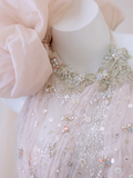 Classy Ball Gown One Shoulder Pink Sequin Evening Dress Long Prom Dresses HZ1121