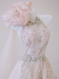 Classy Ball Gown One Shoulder Pink Sequin Evening Dress Long Prom Dresses HZ1121