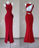 Classy Mermaid Jewel Red Satin Slit Evening Dress Long Prom Dresses HZ1121