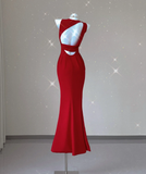 Classy Mermaid Jewel Red Satin Slit Evening Dress Long Prom Dresses HZ1121