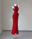 Classy Mermaid Jewel Red Satin Slit Evening Dress Long Prom Dresses HZ1121