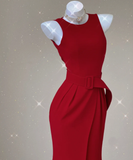Classy Mermaid Jewel Red Satin Slit Evening Dress Long Prom Dresses HZ1121