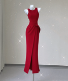 Classy Mermaid Jewel Red Satin Slit Evening Dress Long Prom Dresses HZ1121