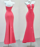 Classy Mermaid Strapless Pink Satin Evening Dress Long Prom Dresses HZ1121