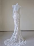 Unique Mermaid V Neckline White Lace Long Sleeves Wedding Dresses Brides Dress HZ1121