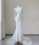 Unique Mermaid V Neckline White Sequin Long Wedding Dresses Brides Dress HZ1121