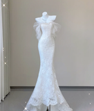 Unique Mermaid Strapless White Lace Long Wedding Dresses Brides Dress HZ1121
