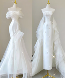 Unique Mermaid Off The Shoulder White Tulle Sweep Train Wedding Dresses Brides Dress HZ1121