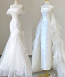 Unique Mermaid Off The Shoulder White Tulle Sweep Train Wedding Dresses Brides Dress HZ1121