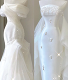 Unique Mermaid Off The Shoulder White Tulle Sweep Train Wedding Dresses Brides Dress HZ1121