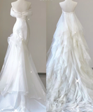 Unique Mermaid Off The Shoulder White Tulle Sweep Train Wedding Dresses Brides Dress HZ1121