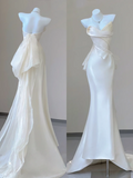 Unique Mermaid Sweetheart Ivory Satin Long Wedding Dresses Brides Dress HZ1121