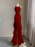 Simple Mermaid Prom Gown With Ruffles Spaghetti Straps Backless Prom Dress For Date HZ1022