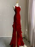 Simple Mermaid Prom Gown With Ruffles Spaghetti Straps Backless Prom Dress For Date HZ1022