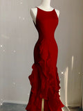 Simple Mermaid Prom Gown With Ruffles Spaghetti Straps Backless Prom Dress For Date HZ1022