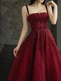 Burgundy Prom Dresses A line Straps Tulle Evening Dresses HZ1022