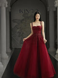 Burgundy Prom Dresses A line Straps Tulle Evening Dresses HZ1022