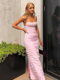 Simple Mermaid Spaghetti Straps Floor Length Sleeveless Pink Prom Dress HZ1022