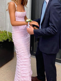 Simple Mermaid Spaghetti Straps Floor Length Sleeveless Pink Prom Dress HZ1022