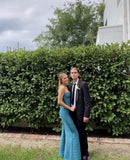 Simple Mermaid Strapless Floor Length Sleeveless Blue Prom Dress HZ1022